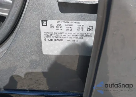 2017 Chevrolet Volt Premier из США, поврежденный, VIN 1G1RD6S57HU104800